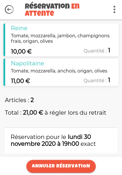 Exemple de réservation en attente d'un client