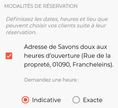 Montre le paramètre de réservation au magasin ou au local