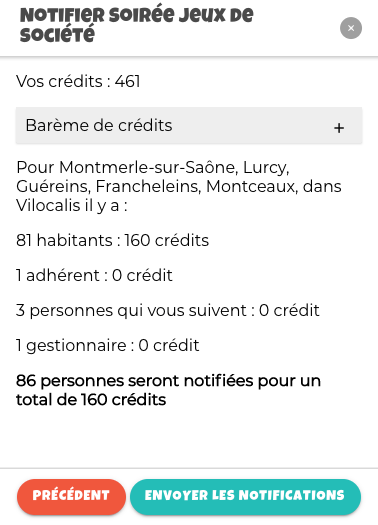 Résumé des crédits pour notifier les communes autour Montre le résumé des crédits pour notifier les communes autour