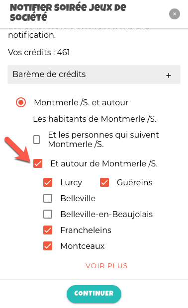 Choisir les communes autour à notifier Montre comment choisir les communes autour à notifier