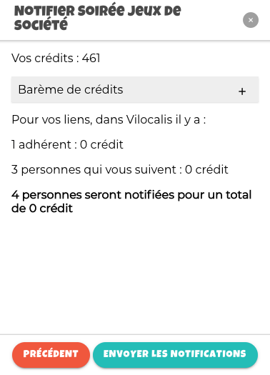 Résumé des crédits pour notifier ses adhérents Montre le résumé des crédits pour notifier ses adhérents