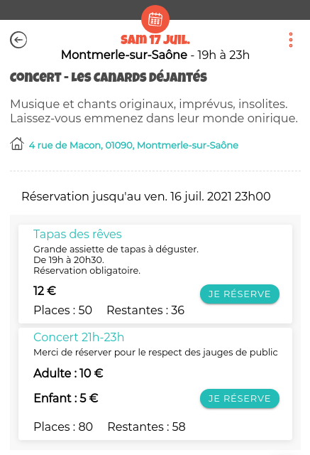 Evénement avec réservation Evénement avec repas et concert à la réservation