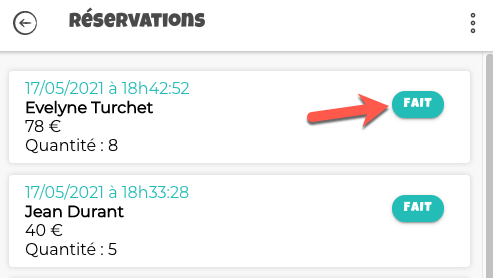 Montre l'action Fait sur une réservation