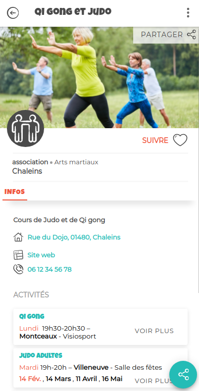 exemple d'une fiche association proposant des activités