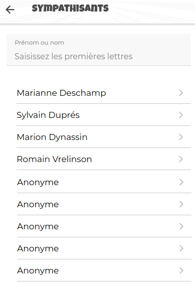 Exemple de consultation de la liste des sympathisants