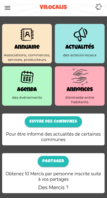 Accueil Ecran d'accueil de Vilocalis
