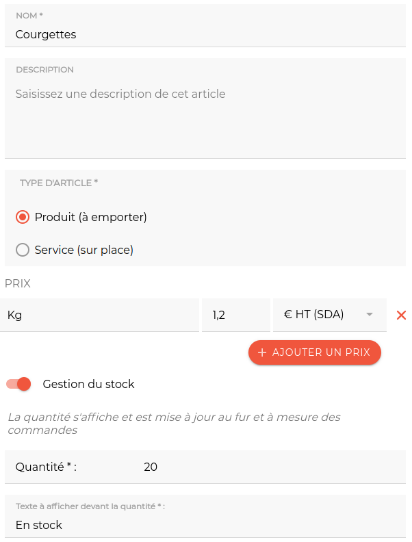 Article configuré avec prix SDA et gestion de stock