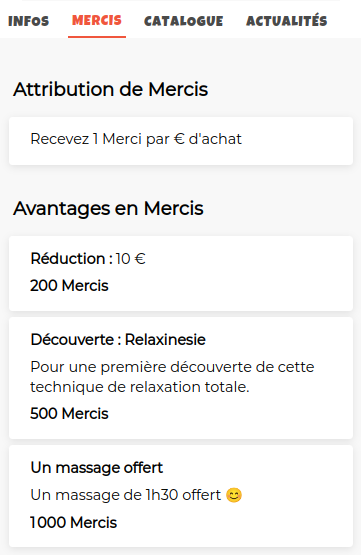 Exemple d'un catalogue de Mercis avec différents avantages