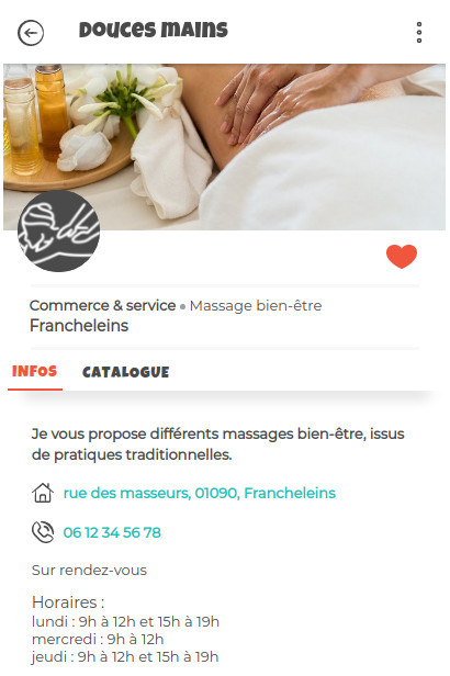 Fiche masseur bien être Illustration d'une fiche d'un masseur bien-être, avec photo, descriptif, coordonnées et horaire