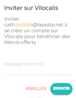 Popup pour inviter une personne sur Vilocalis