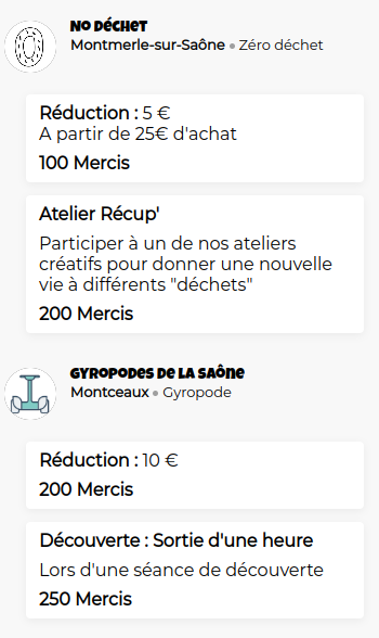 Liste d'avantages en Mercis chez 2 acteurs locaux