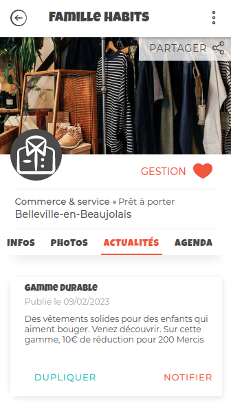 Fiche d'un magasin de vêtements, avec ses actualités