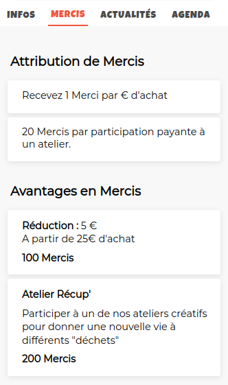 Exemple d'un catalogue de Mercis avec différents avantages