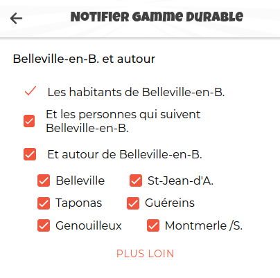 Liste des communes cochées autour de la commune de Belleville-en-Beaujolais