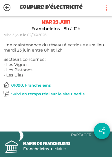 capture écran d'une Information communale à propos d'une coupure d'électricité telle date dans tels secteurs de la commune