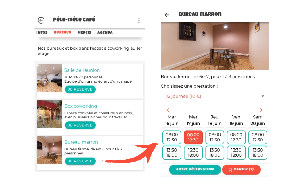 Sur la fiche du Pêle-Mêle Café dans Vilocalis, liste des espaces de coworking et choix d'un créneau pour réserver un bureau