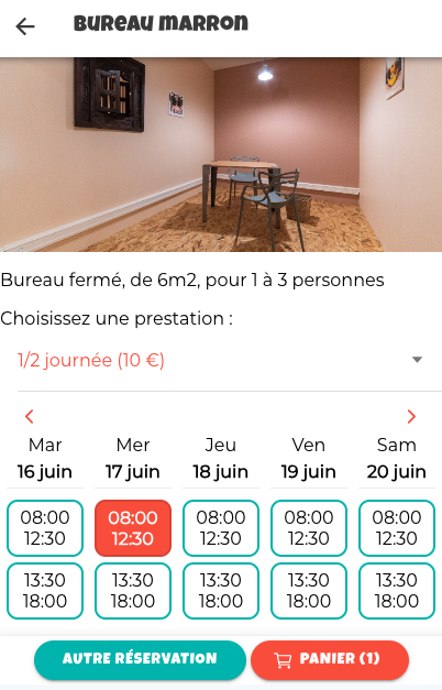 Sur la fiche du Pêle-Mêle Café dans Vilocalis, choix d'un créneau pour réserver un bureau