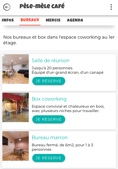 Sur la fiche du Pêle-Mêle Café dans Vilocalis, réservation de bureaux