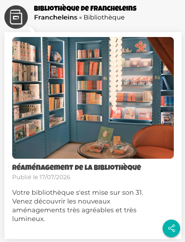 Illustration d'une actualité publiée par une bibliothèque avec une photo et un texte indiquant le réaménagement